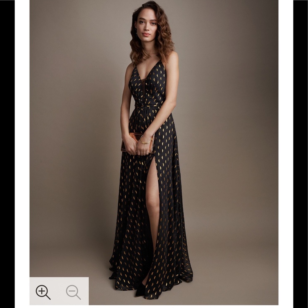 AQUA Metallic Print Plunging Illusion Gown